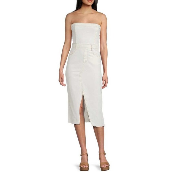 GB Gianni Bini S Small Strapless Denim Midi Jean Dress Off-White Slit NWT L797 - Picture 2 of 10